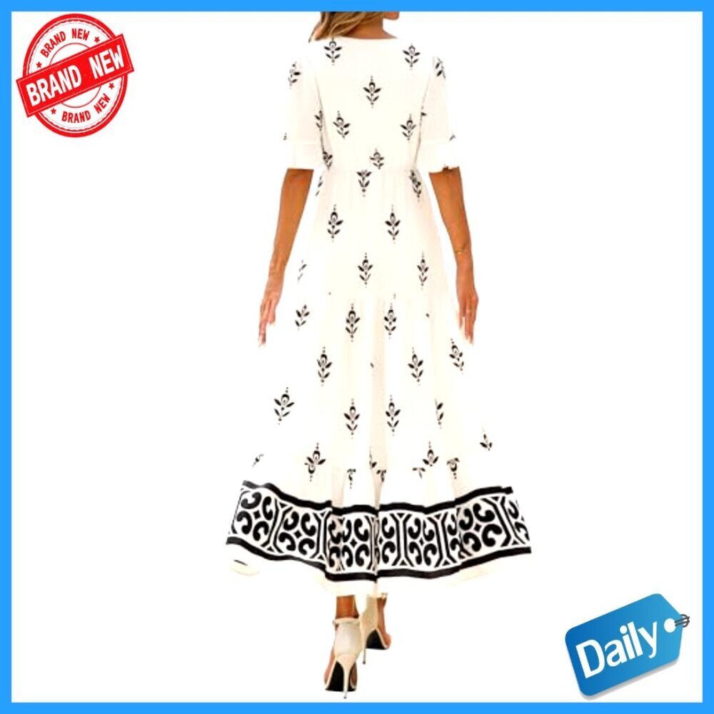 Floral Boho Maxi Dress with Pockets, V-Neck, Short Sleeve, Elastic Waist - Picture 3 of 7